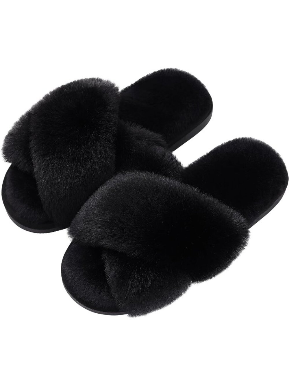 Womens Black Faux Fur Memory Foam Fuzzy House Slippers Soft Open-Toe Slippers